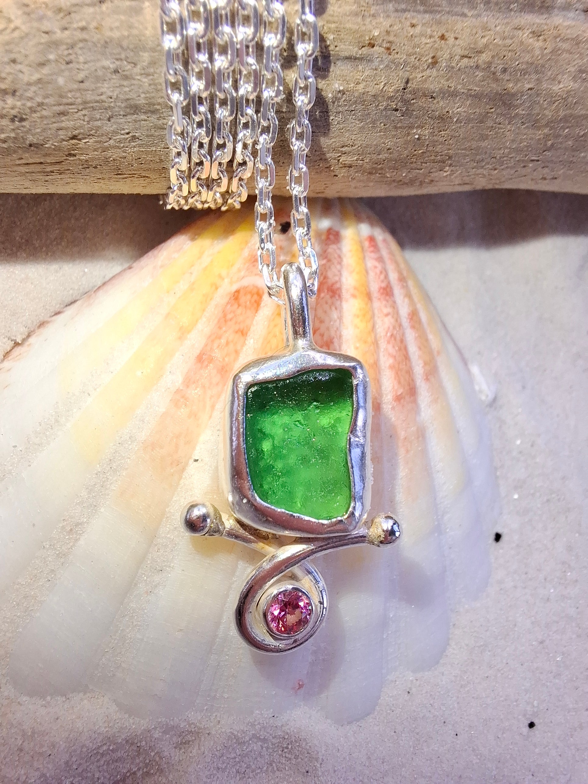 Bottle green seaglass & rose pink cubic zirconia pendant 