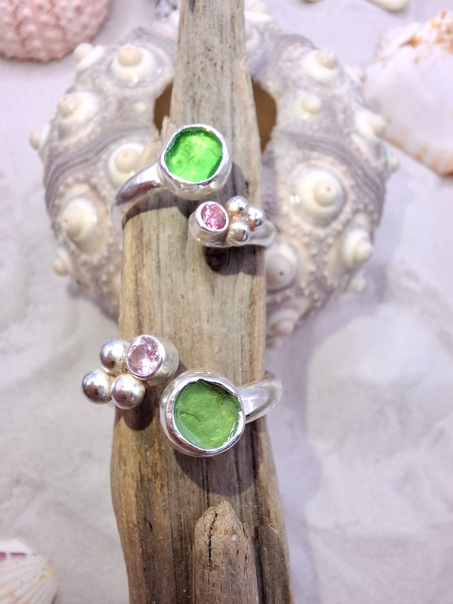 Chunky adjustable bottle green seaglass and pale pink cubic zirconia ring
