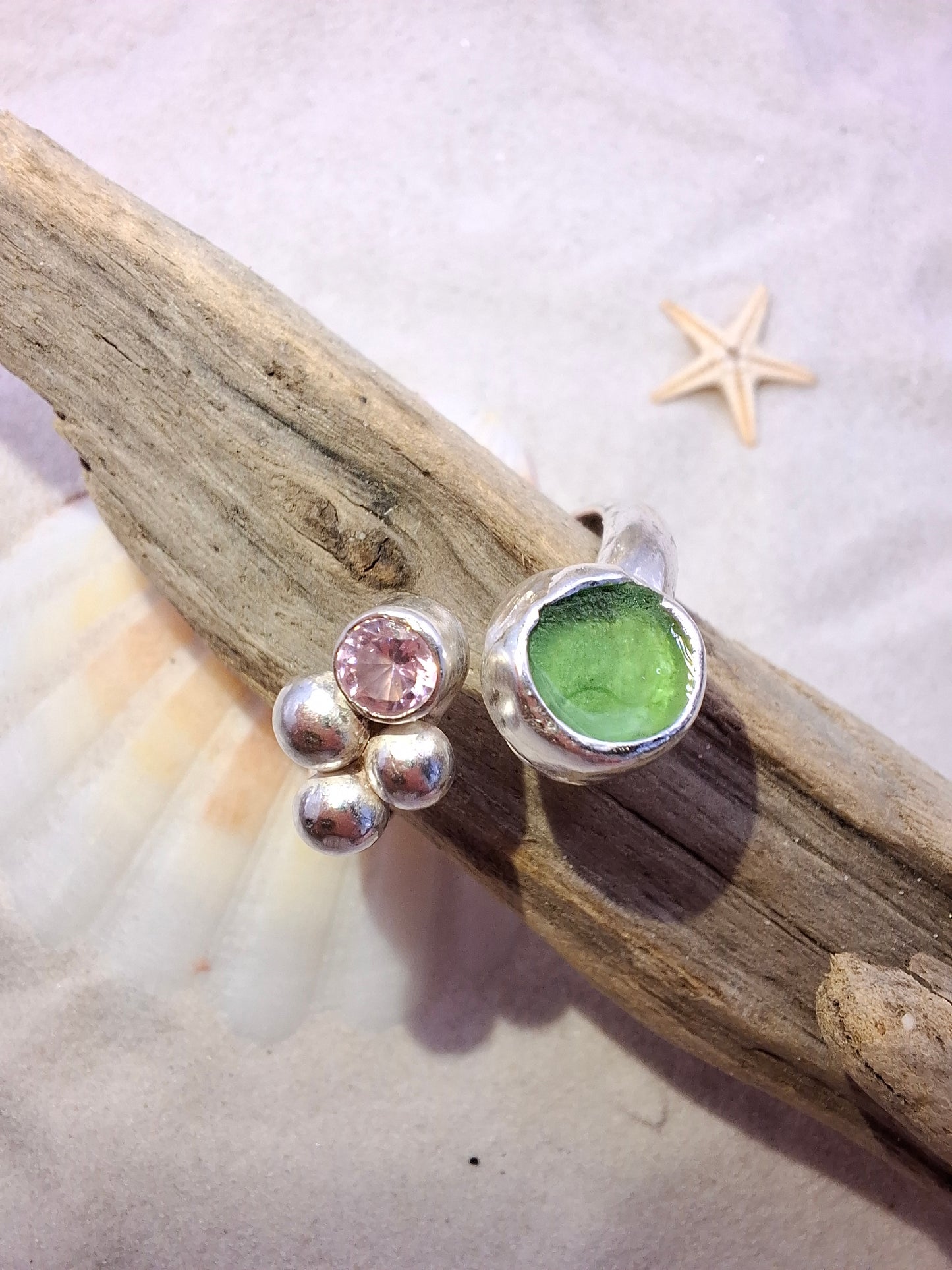 Chunky adjustable bottle green seaglass and pale pink cubic zirconia ring