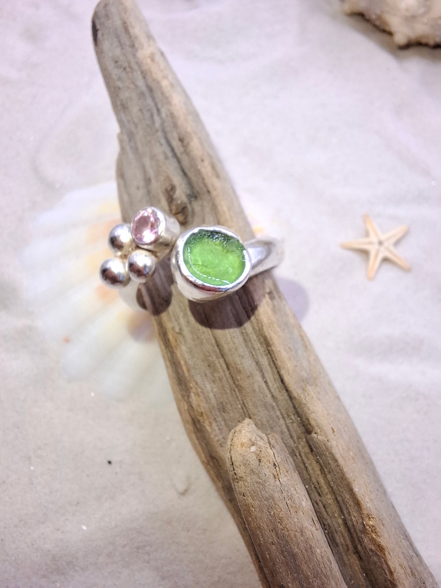 Chunky adjustable bottle green seaglass and pale pink cubic zirconia ring