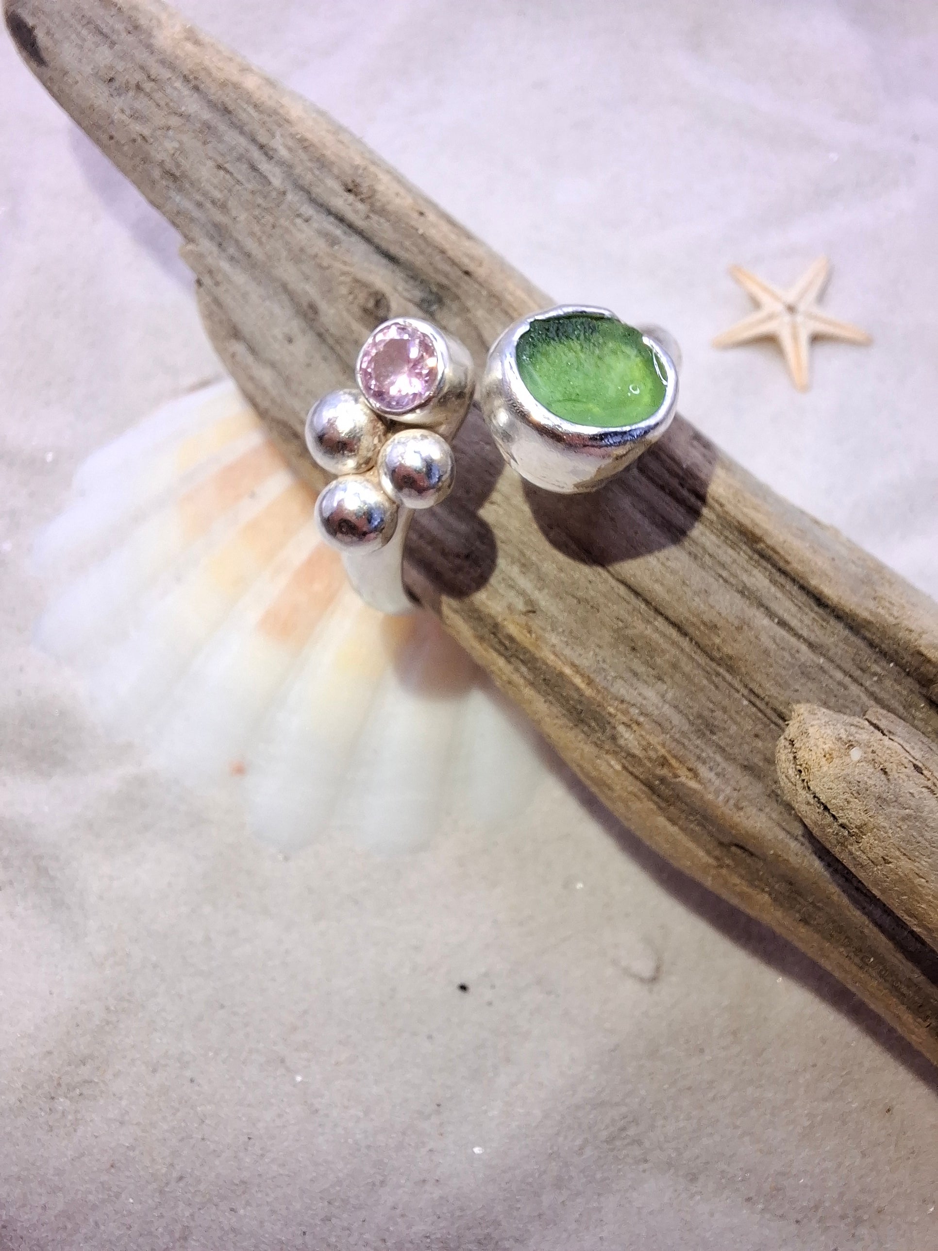 Chunky adjustable bottle green seaglass and pale pink cubic zirconia ring