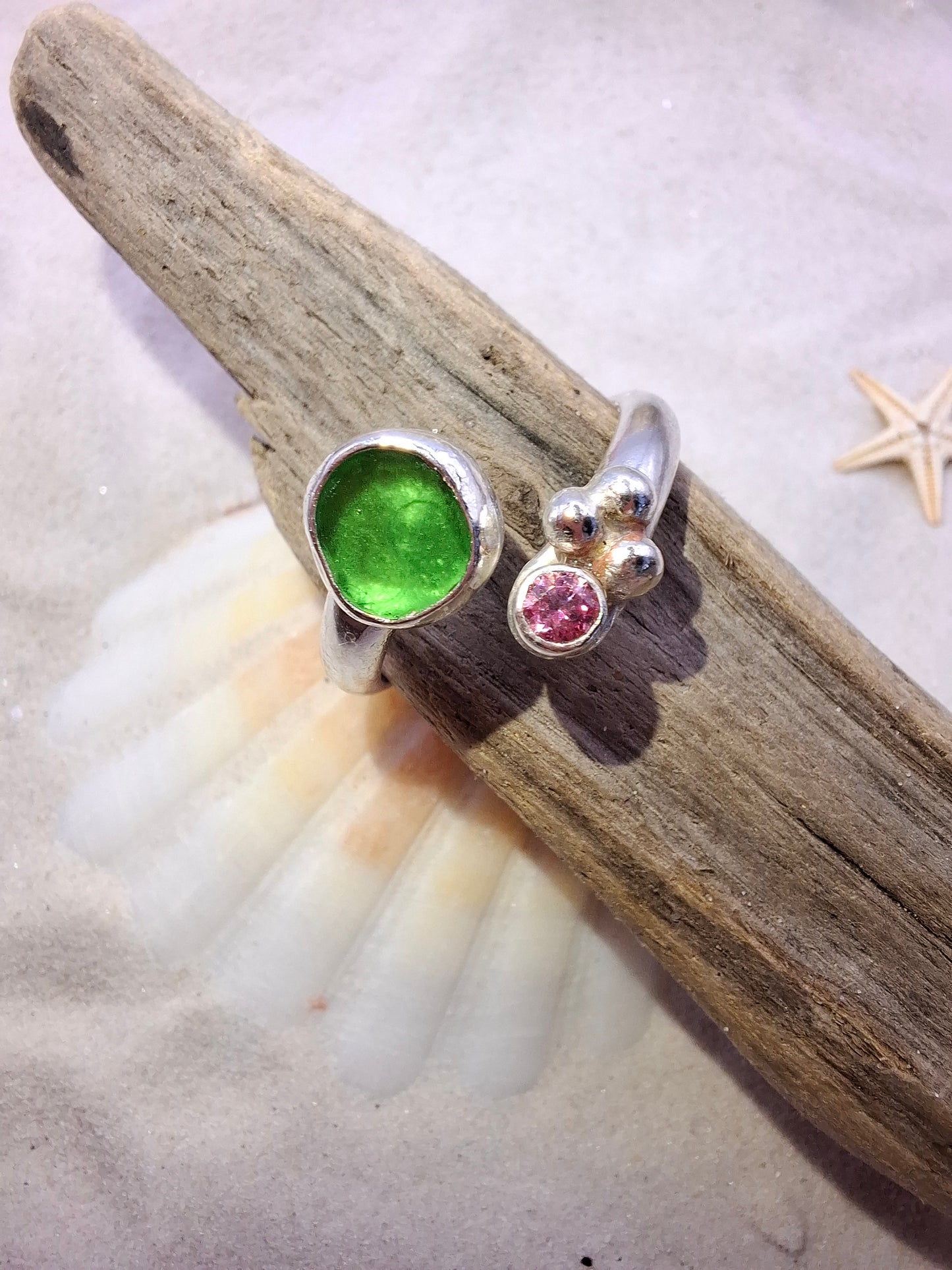 Adjustable bottle green seaglass and rose pink cubic zirconia ring