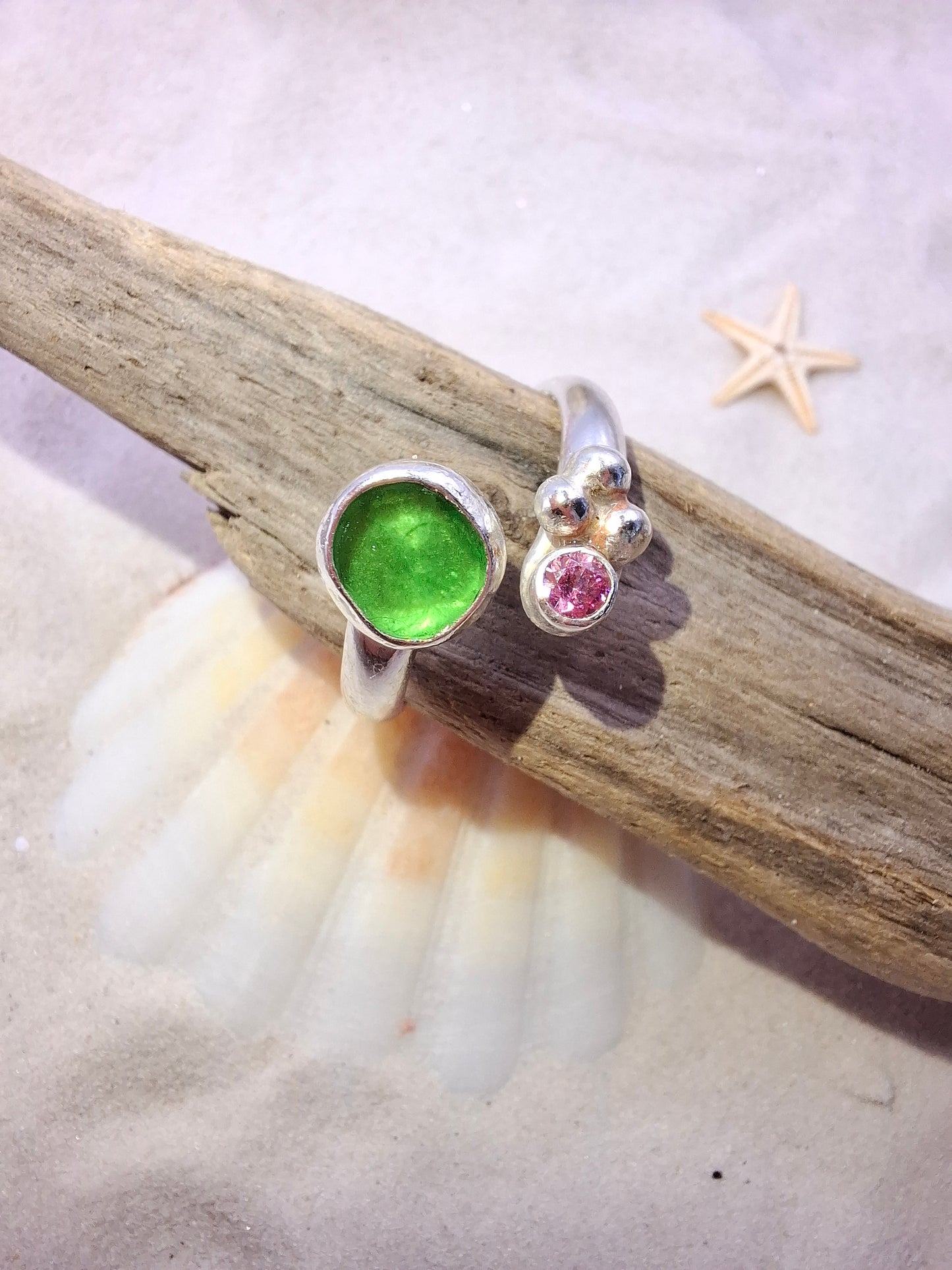 Adjustable bottle green seaglass and rose pink cubic zirconia ring