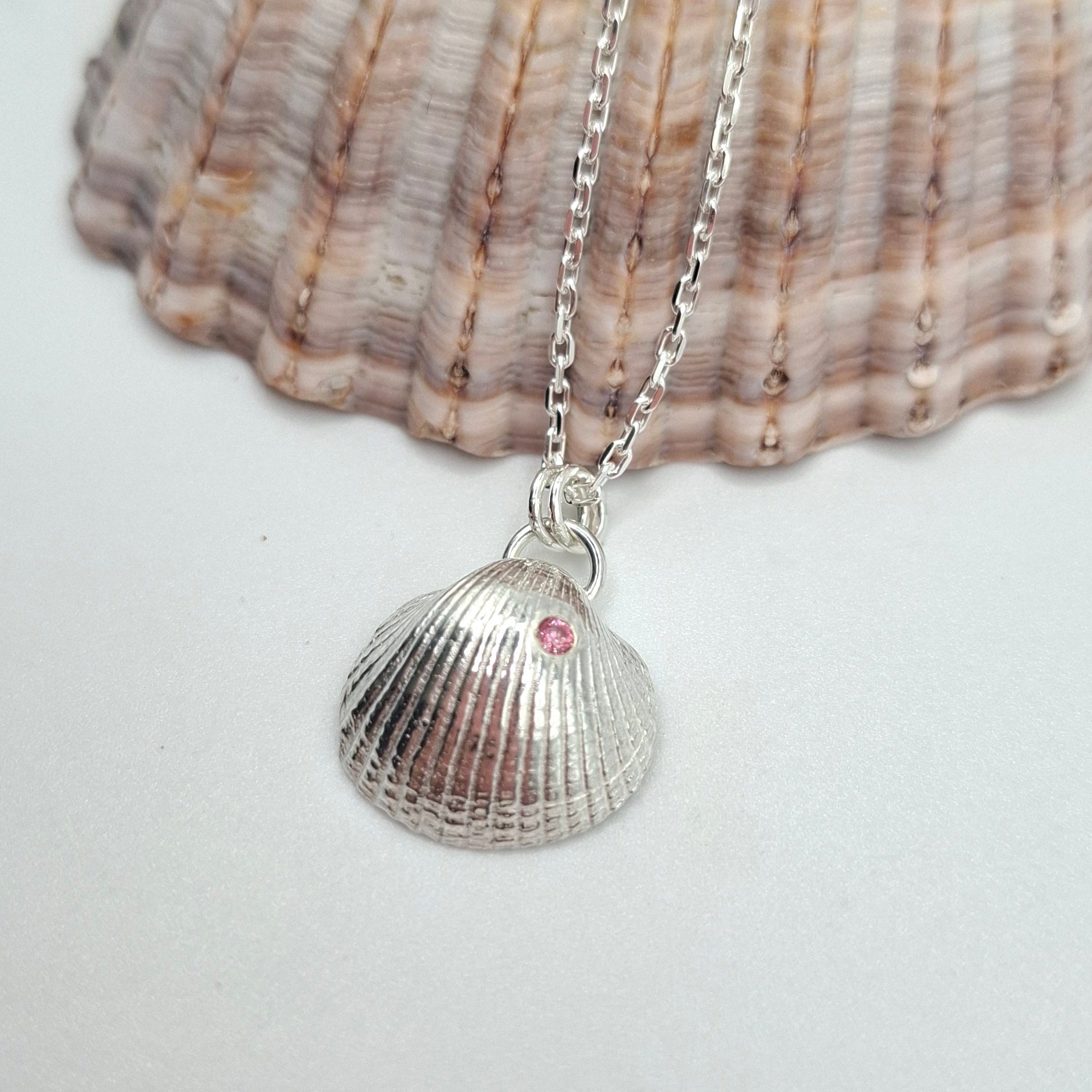 Silver Clam Shell with Rose Pink Cubic Zirconia | Ocean-Inspired Handmade Jewellery