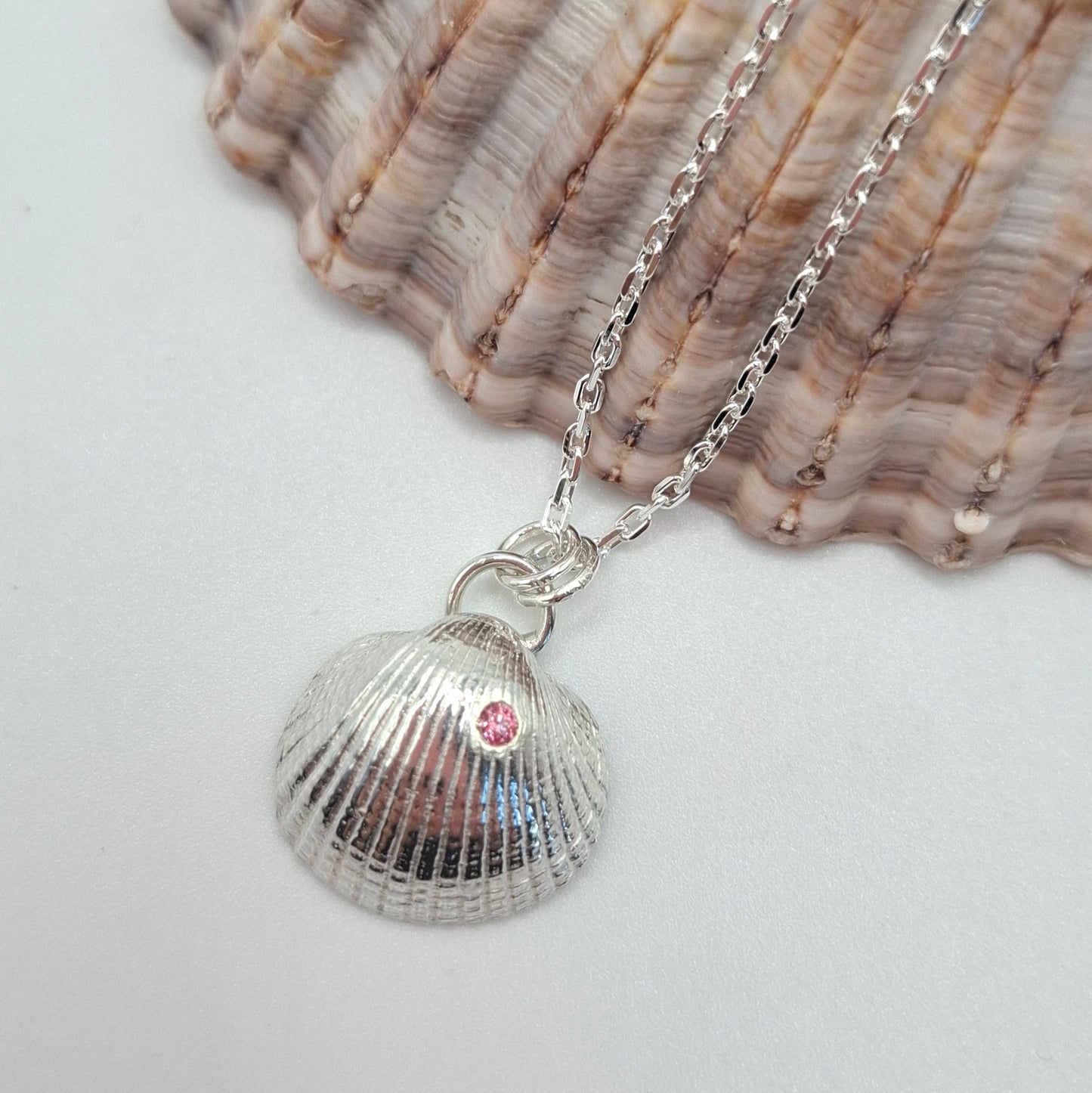 Silver Clam Shell with Rose Pink Cubic Zirconia | Ocean-Inspired Handmade Jewellery