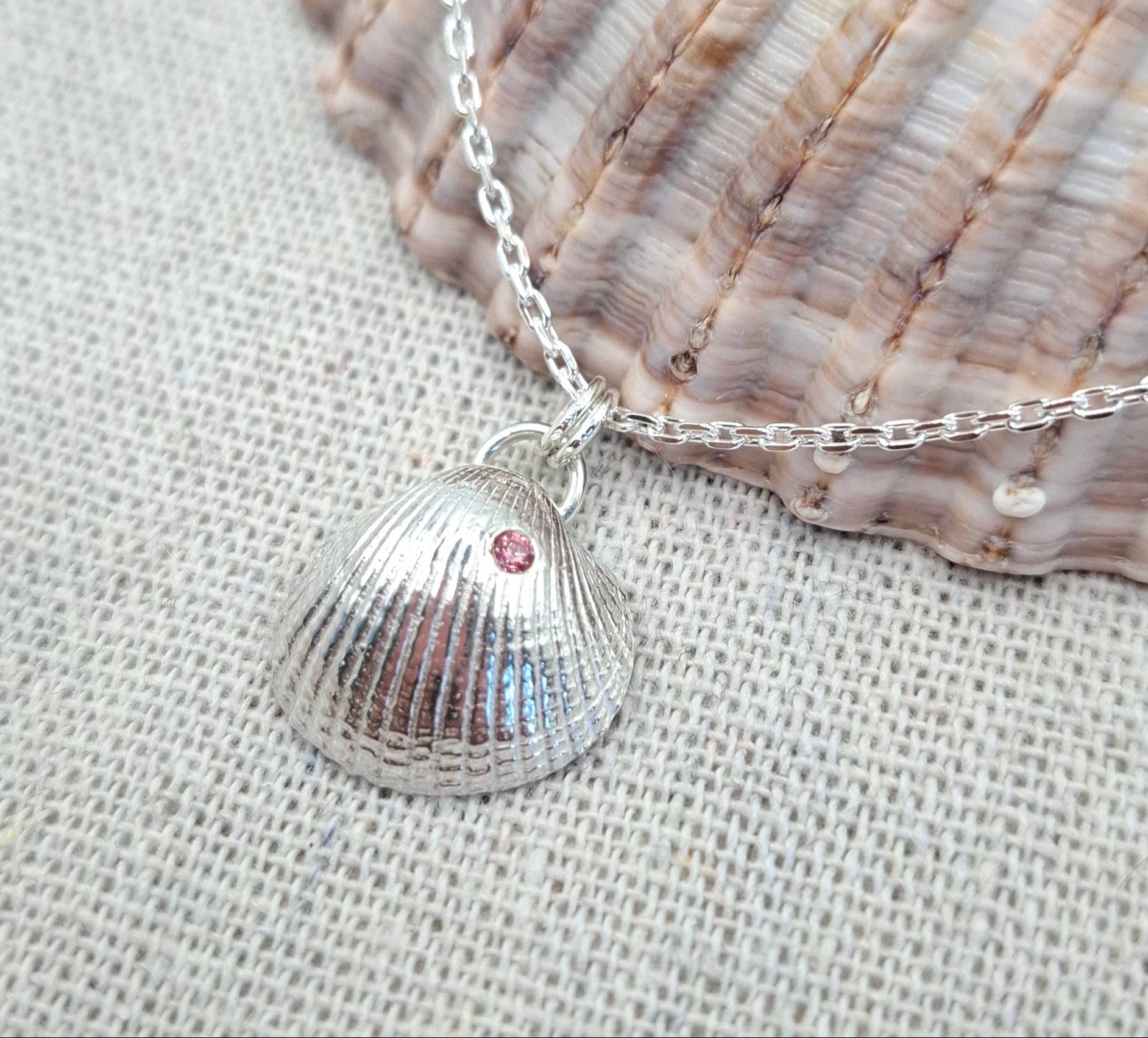 Silver Clam Shell with Rose Pink Cubic Zirconia | Ocean-Inspired Handmade Jewellery