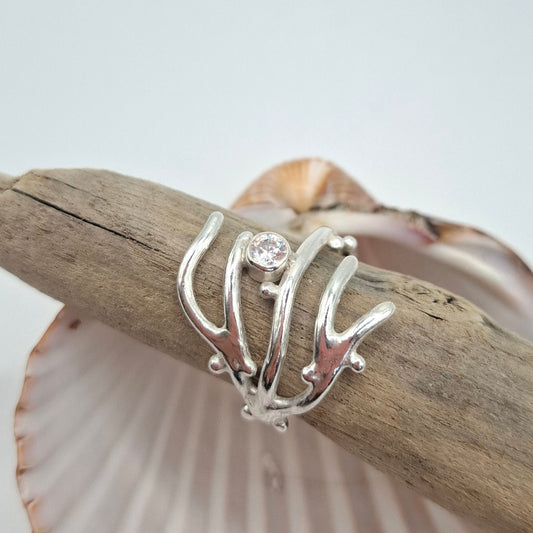 Adjustable seaweed inspired silver ring with cubic zirconia | Ocean-Inspired Handmade Jewellery
