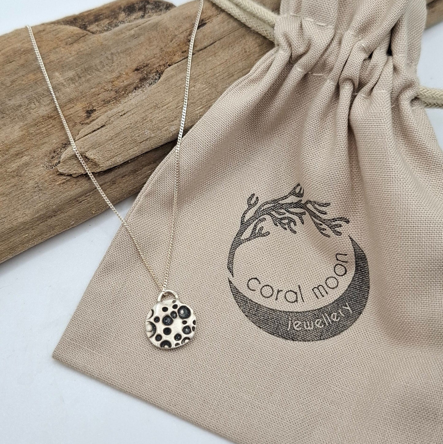 Small silver satin full moon pendant | Coral Moon Collection