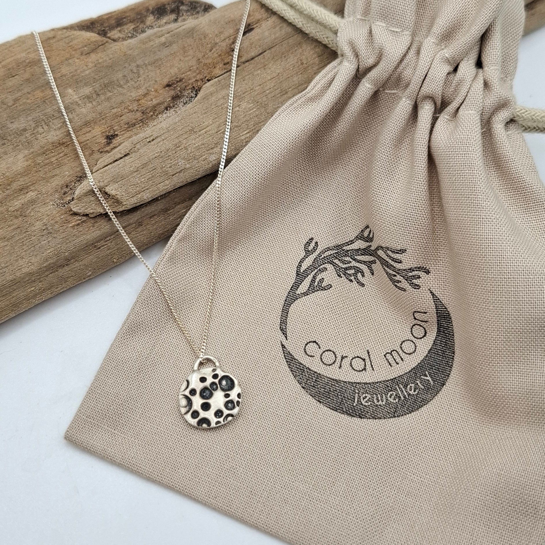 Small silver satin full moon pendant | Coral Moon Collection