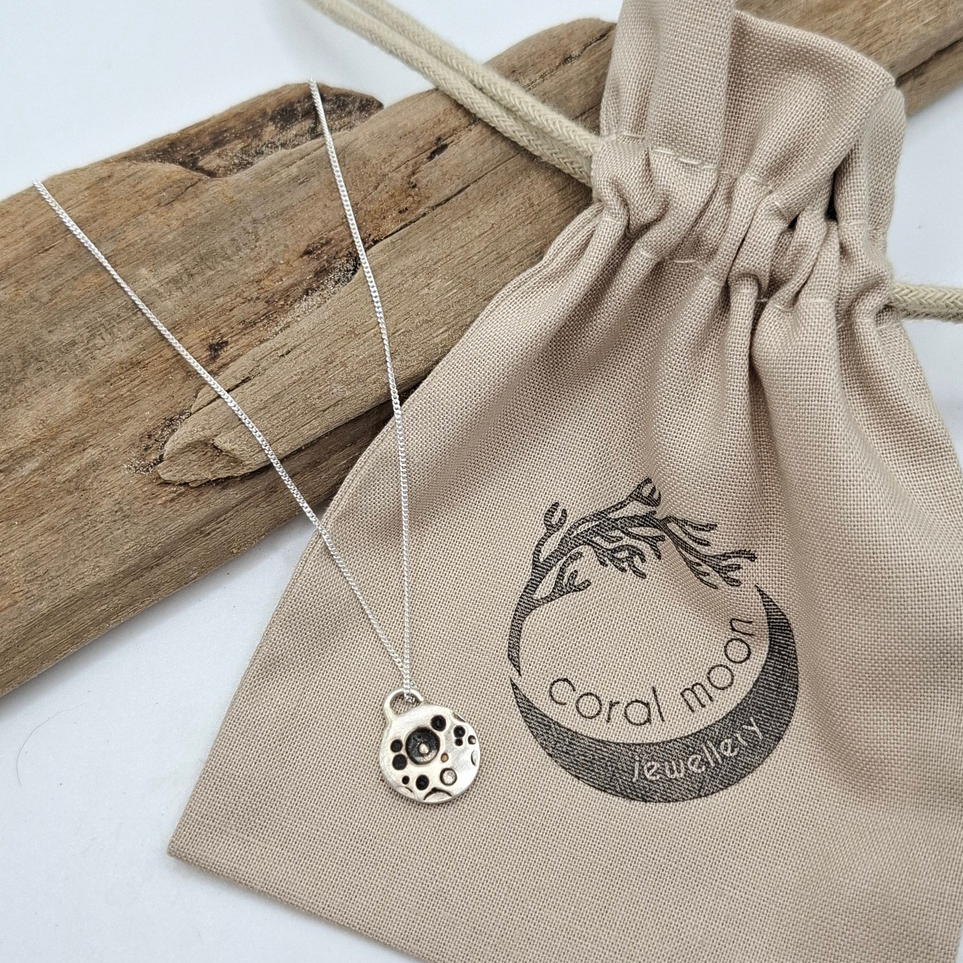 Small silver satin full moon pendant | Coral Moon Collection