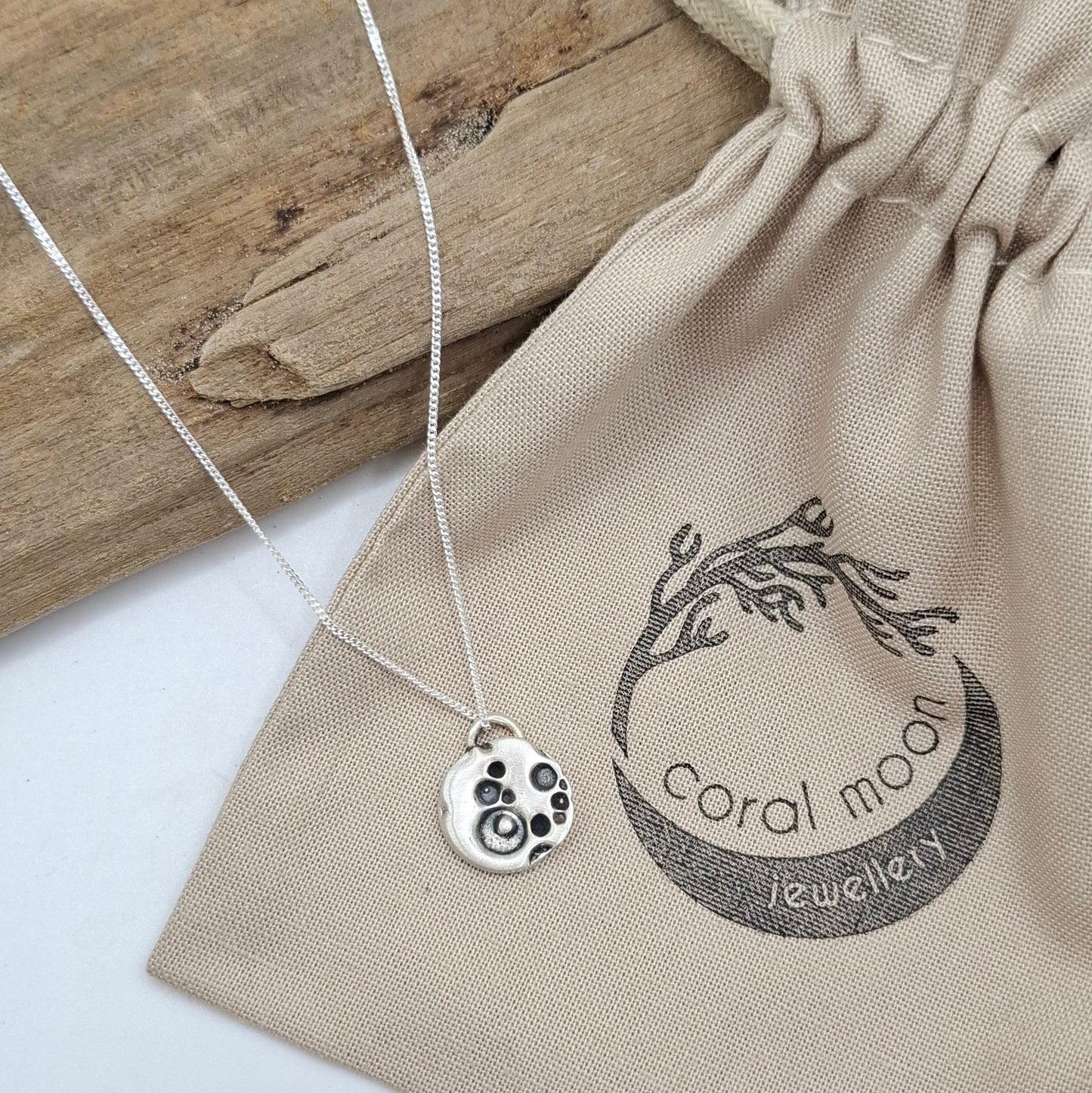 Small silver satin full moon pendant | Coral Moon Collection