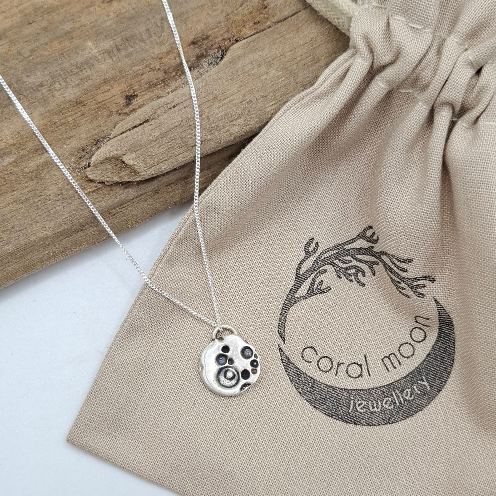 Small silver satin full moon pendant | Coral Moon Collection