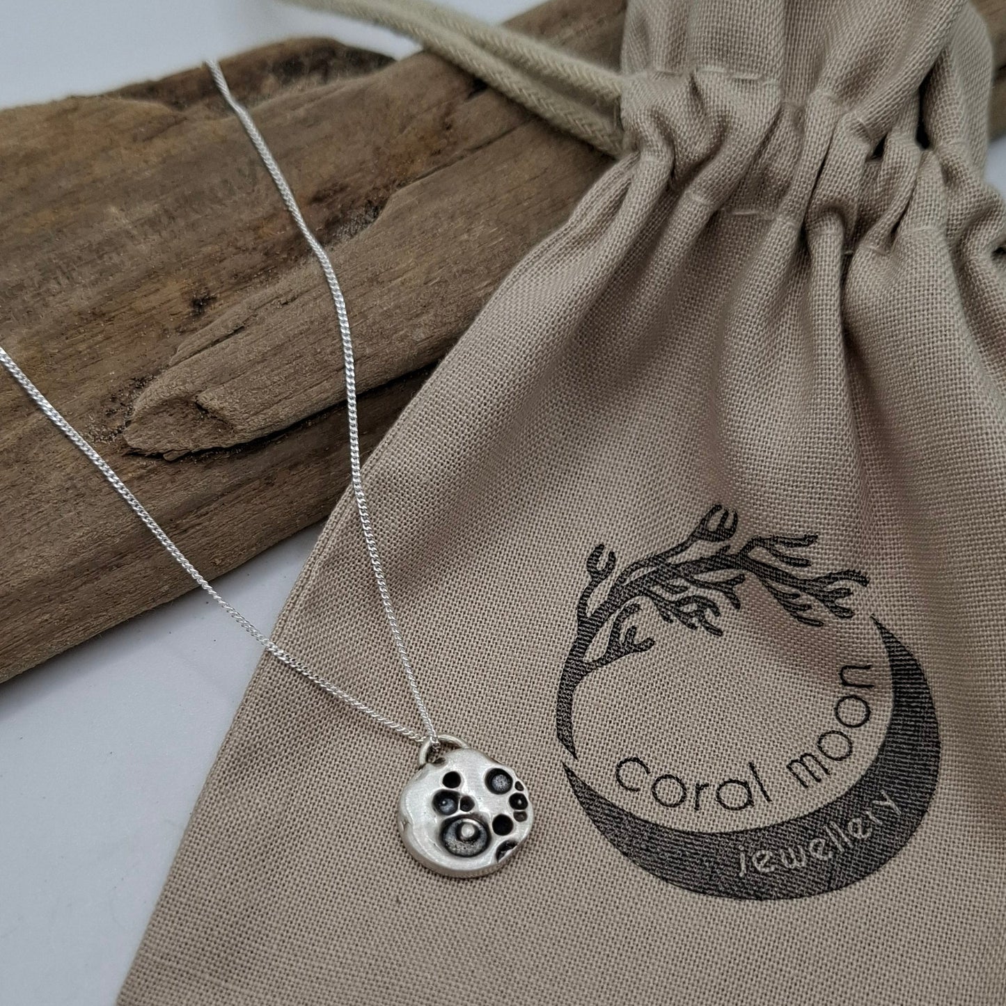 Small silver satin full moon pendant | Coral Moon Collection