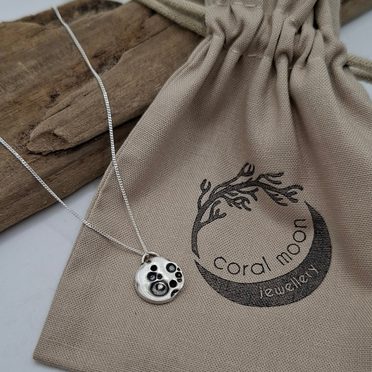 Small silver satin full moon pendant | Coral Moon Collection