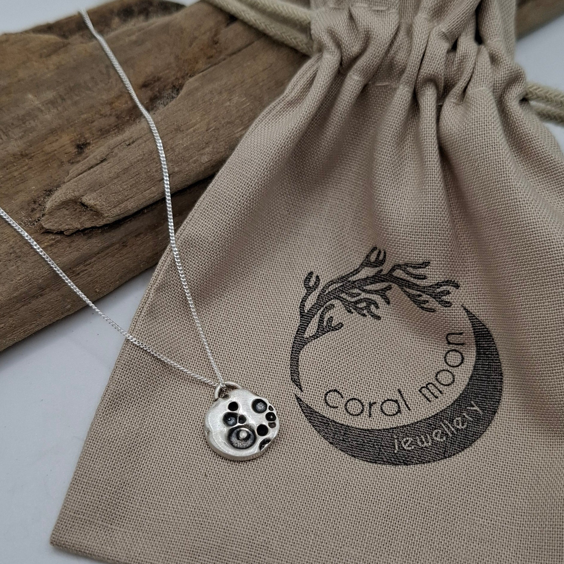 Small silver satin full moon pendant | Coral Moon Collection