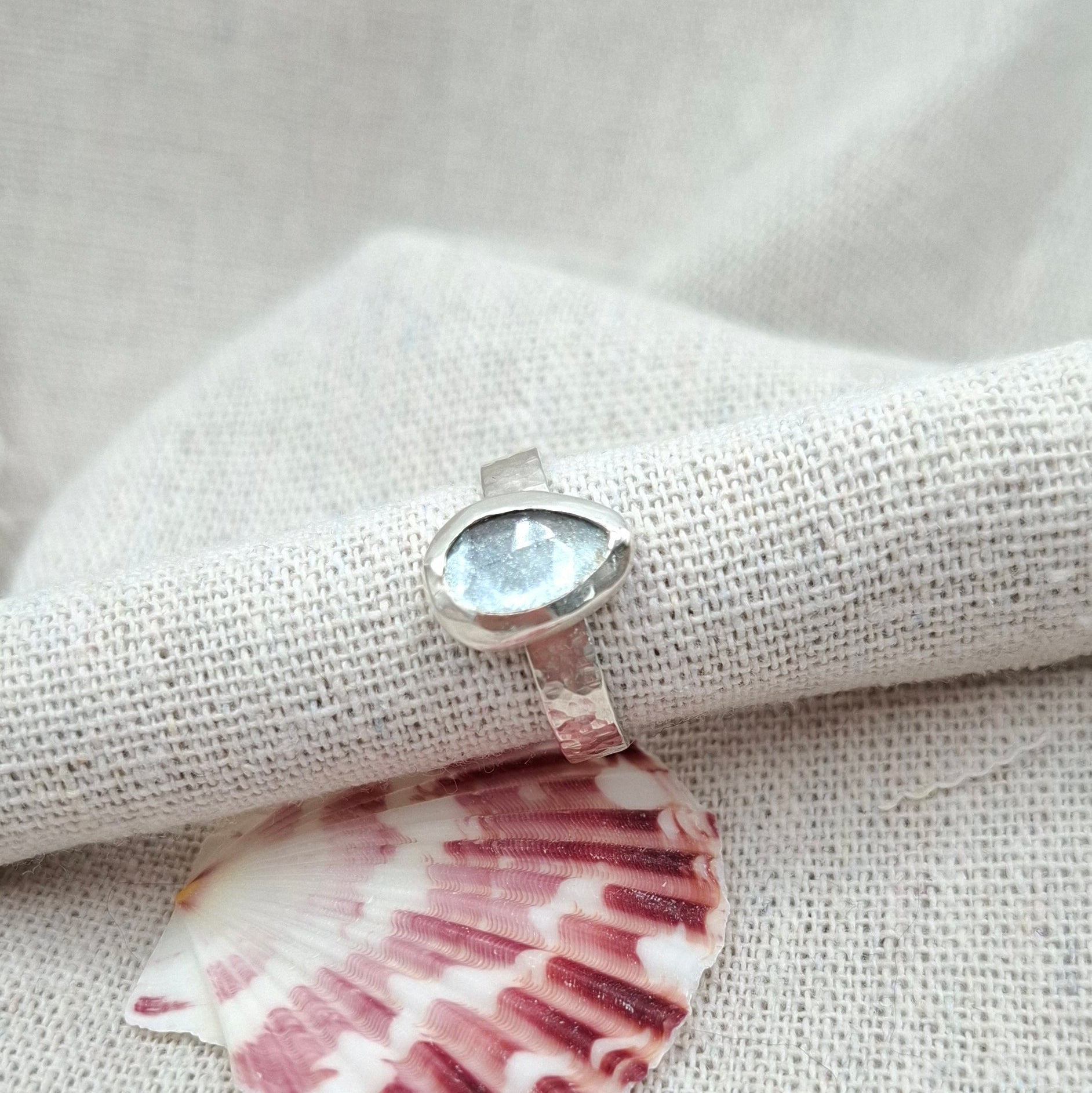 Hammered textured silver ring featuring a rose cut teardrop aquamarine UK Ring Size ** | Ocean-Inspired Handmade Jewellery (Copy) (Copy)