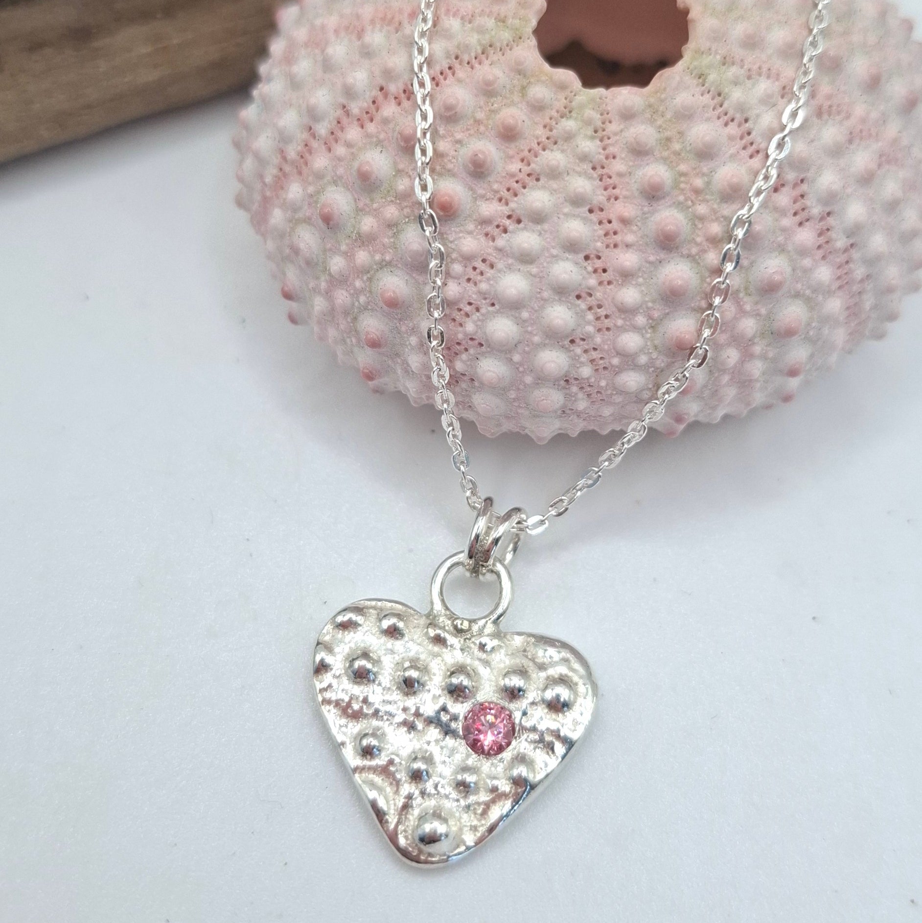 Cast Silver Sea Urchin Heart Pendant with Birthstone | Ocean-Inspired Handmade Jewellery