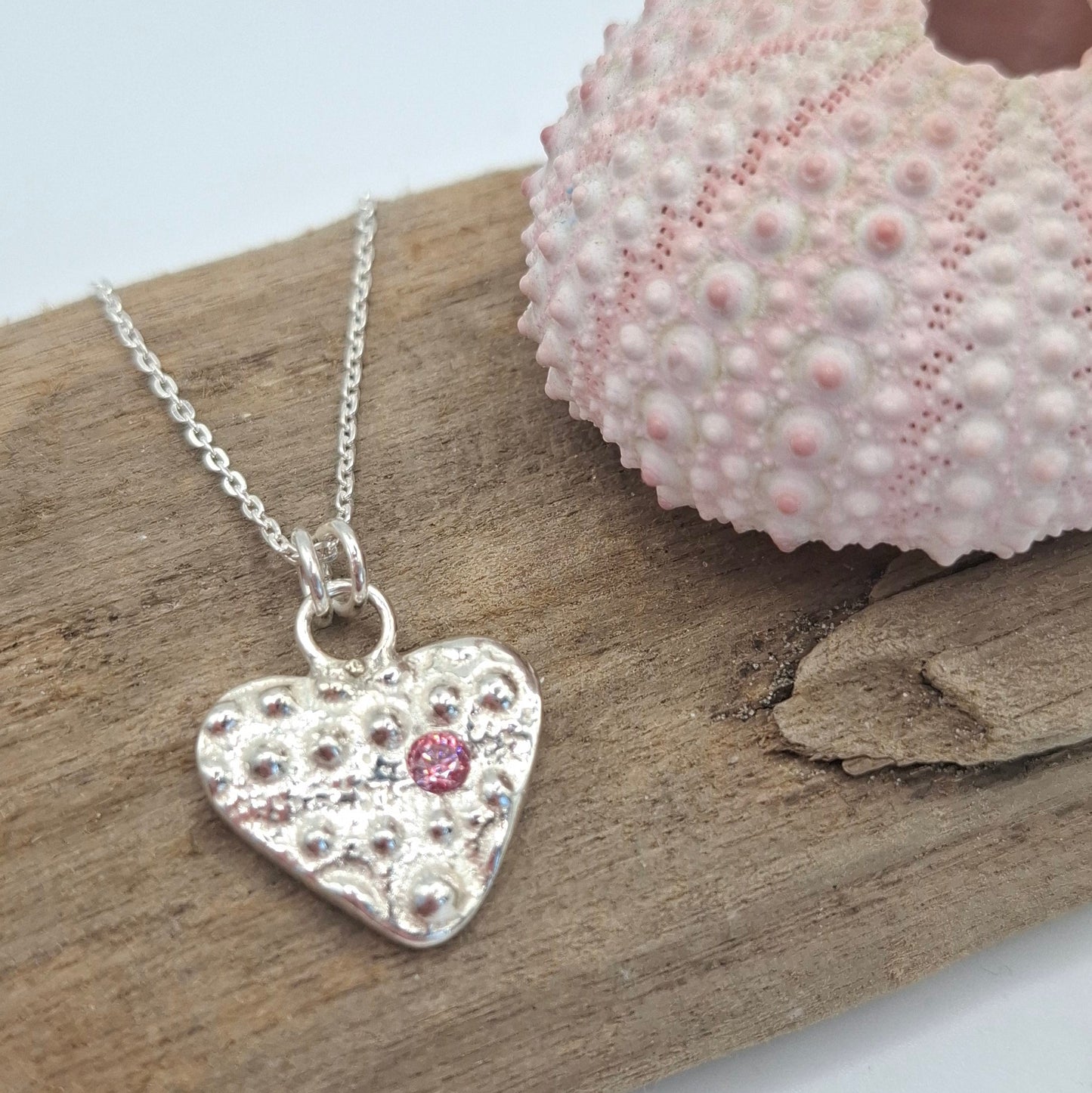 Cast Silver Sea Urchin Heart Pendant with Birthstone | Ocean-Inspired Handmade Jewellery