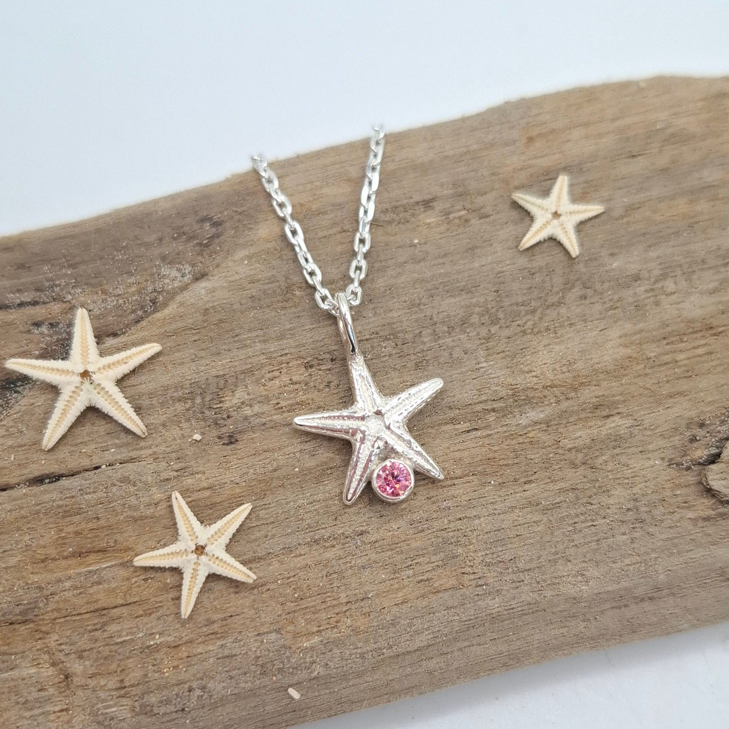 Silver starfish pendant with birthstone sparkle | Ocean-Inspired Handmade Jewellery
