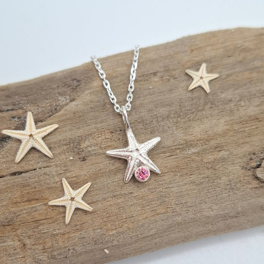Silver starfish pendant with birthstone sparkle | Ocean-Inspired Handmade Jewellery