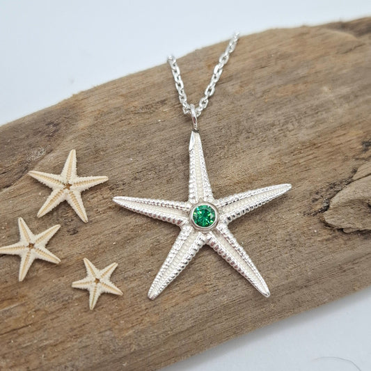 Large cast silver starfish pendant with a vibrant cubic zirconia | Ocean-Inspired Handmade Jewellery