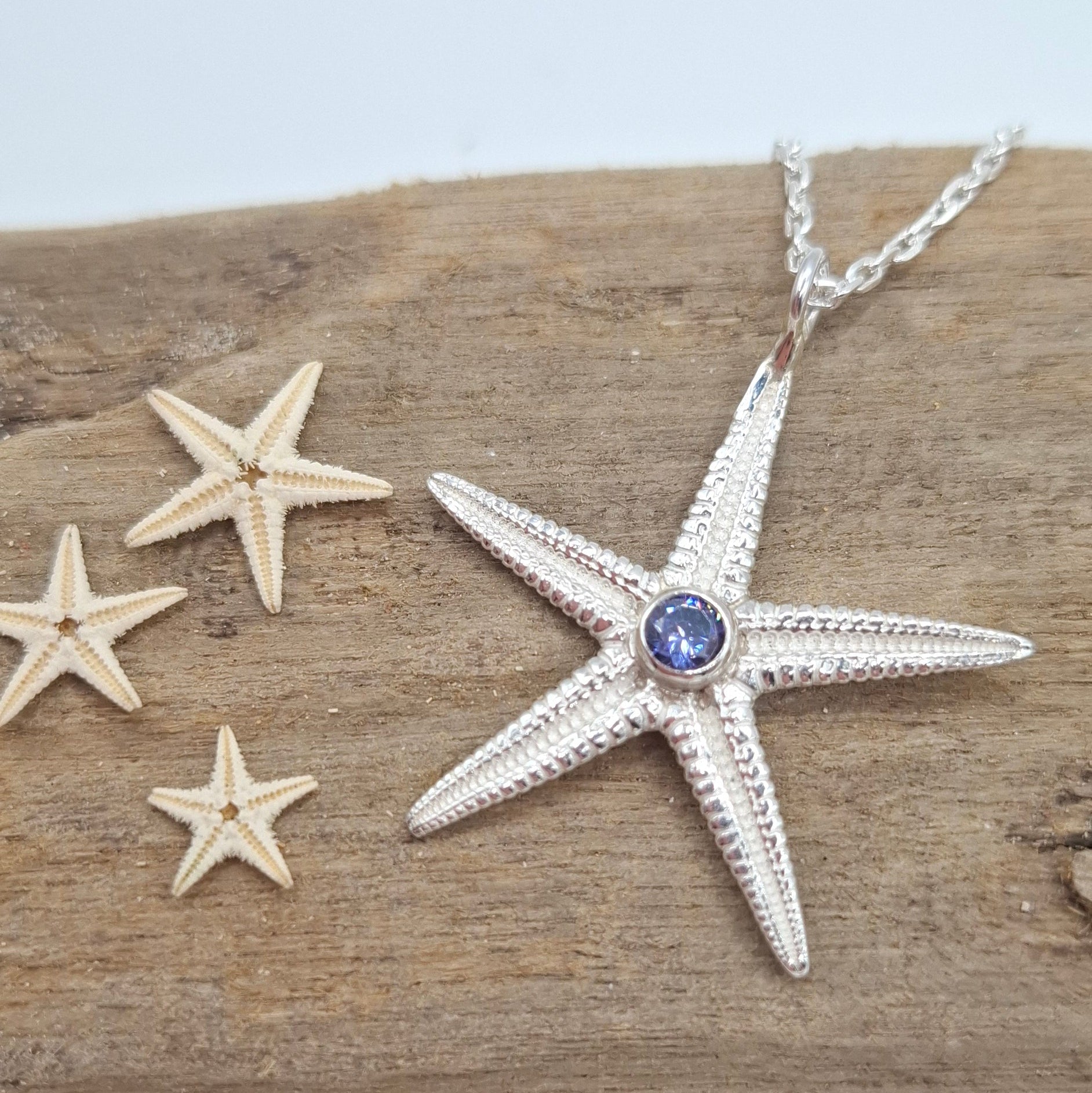 Large cast silver starfish pendant with a vibrant cubic zirconia | Ocean-Inspired Handmade Jewellery