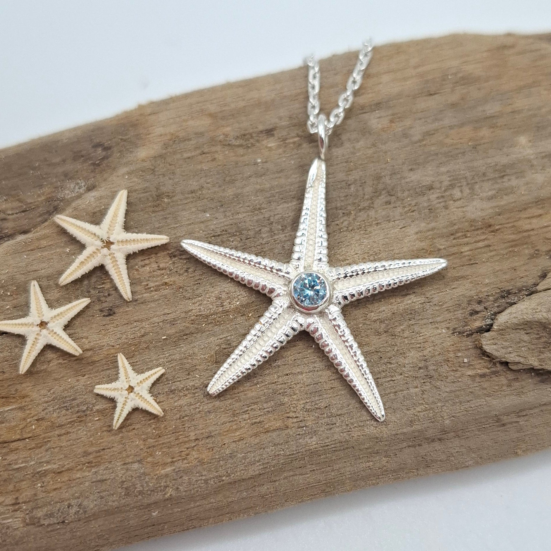 Large cast silver starfish pendant with a vibrant cubic zirconia | Ocean-Inspired Handmade Jewellery