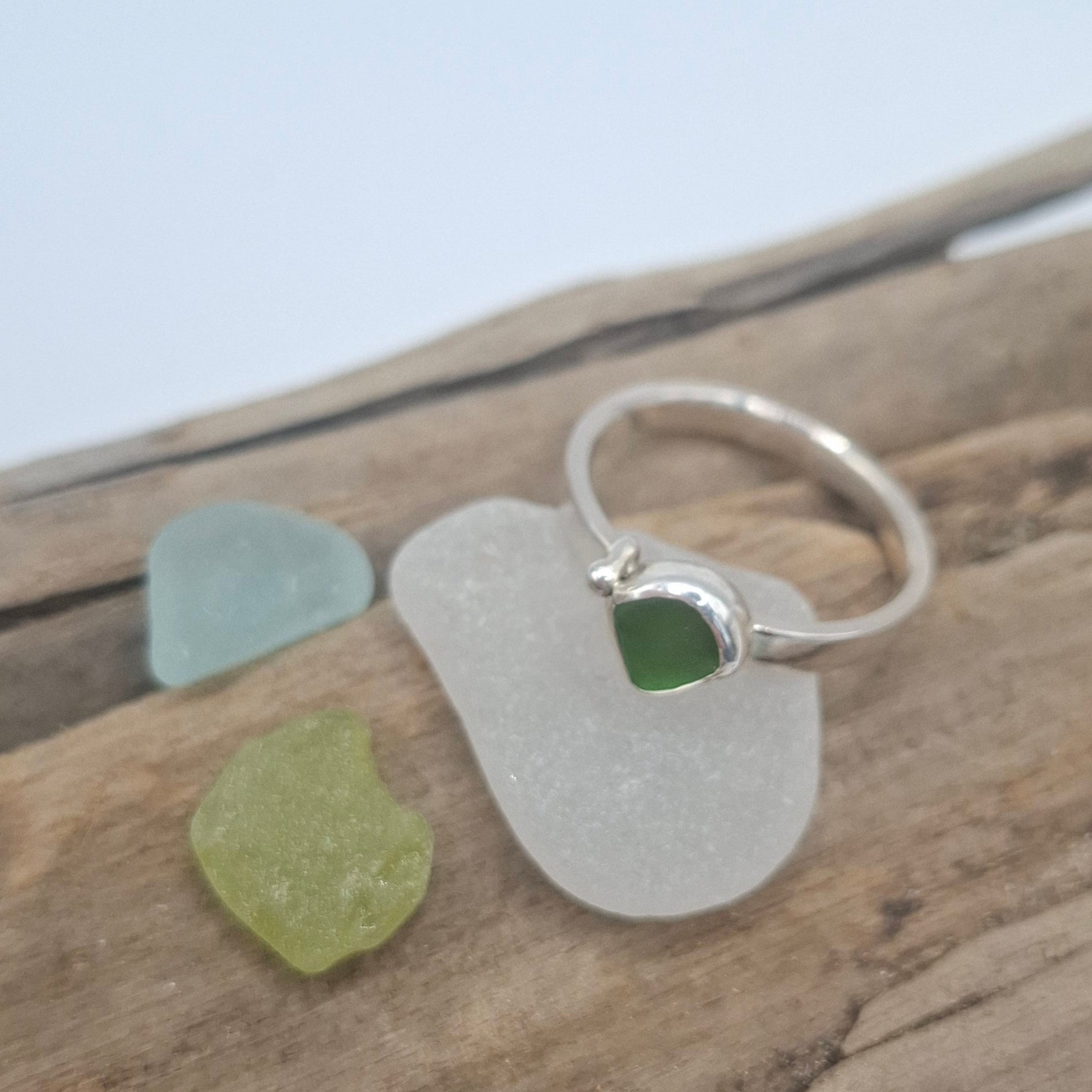 Sterling silver West Sussex bottle green seaglass ring | Ocean-Inspired Handmade Jewellery