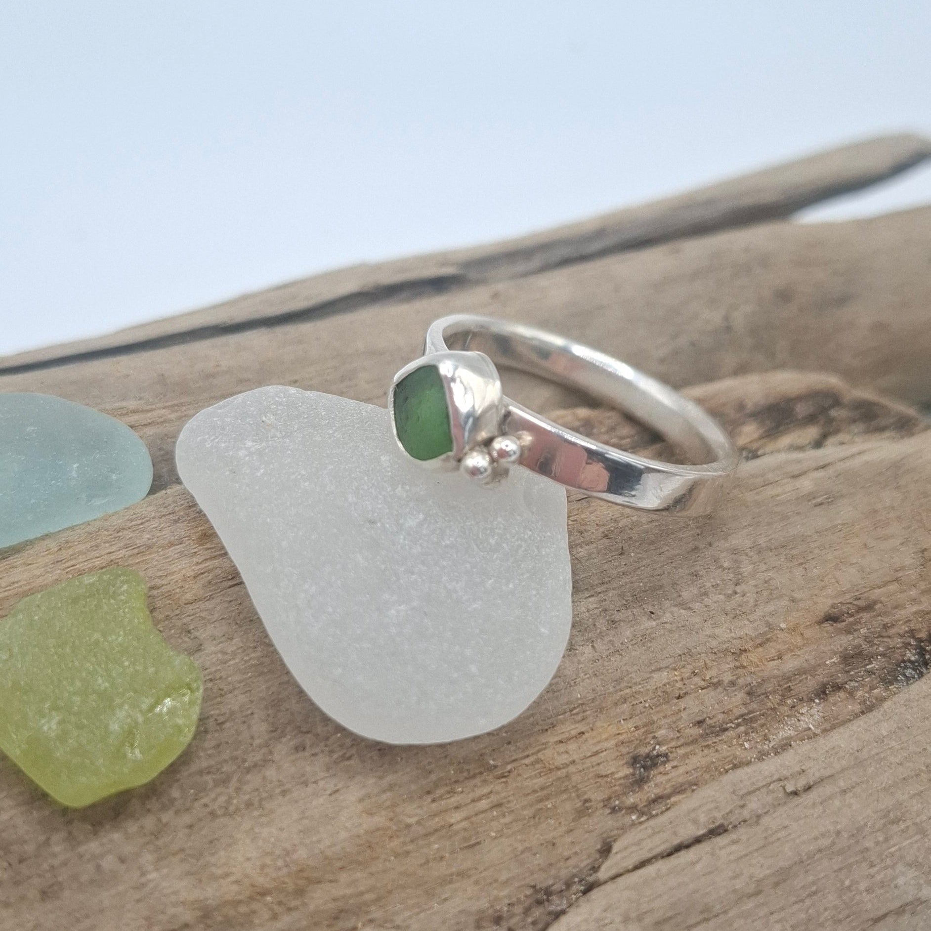 Sterling silver West Sussex bottle green seaglass ring | Ocean-Inspired Handmade Jewellery
