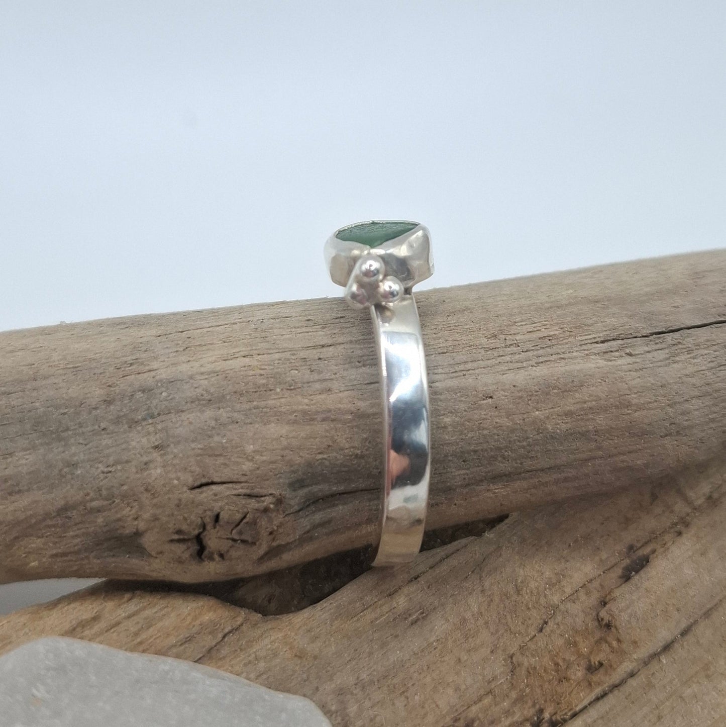 Sterling silver West Sussex bottle green seaglass ring | Ocean-Inspired Handmade Jewellery