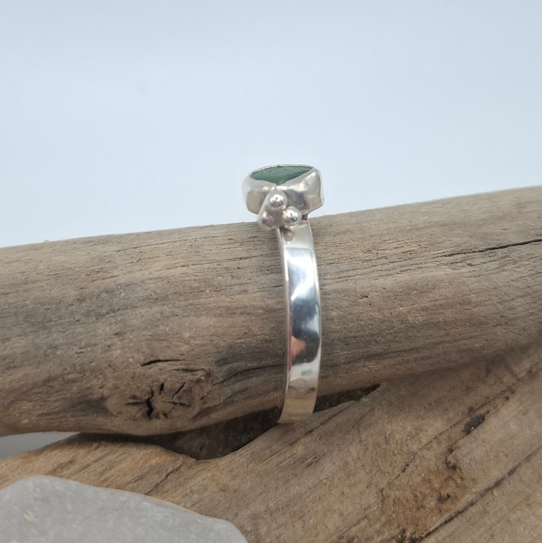 Sterling silver West Sussex bottle green seaglass ring | Ocean-Inspired Handmade Jewellery
