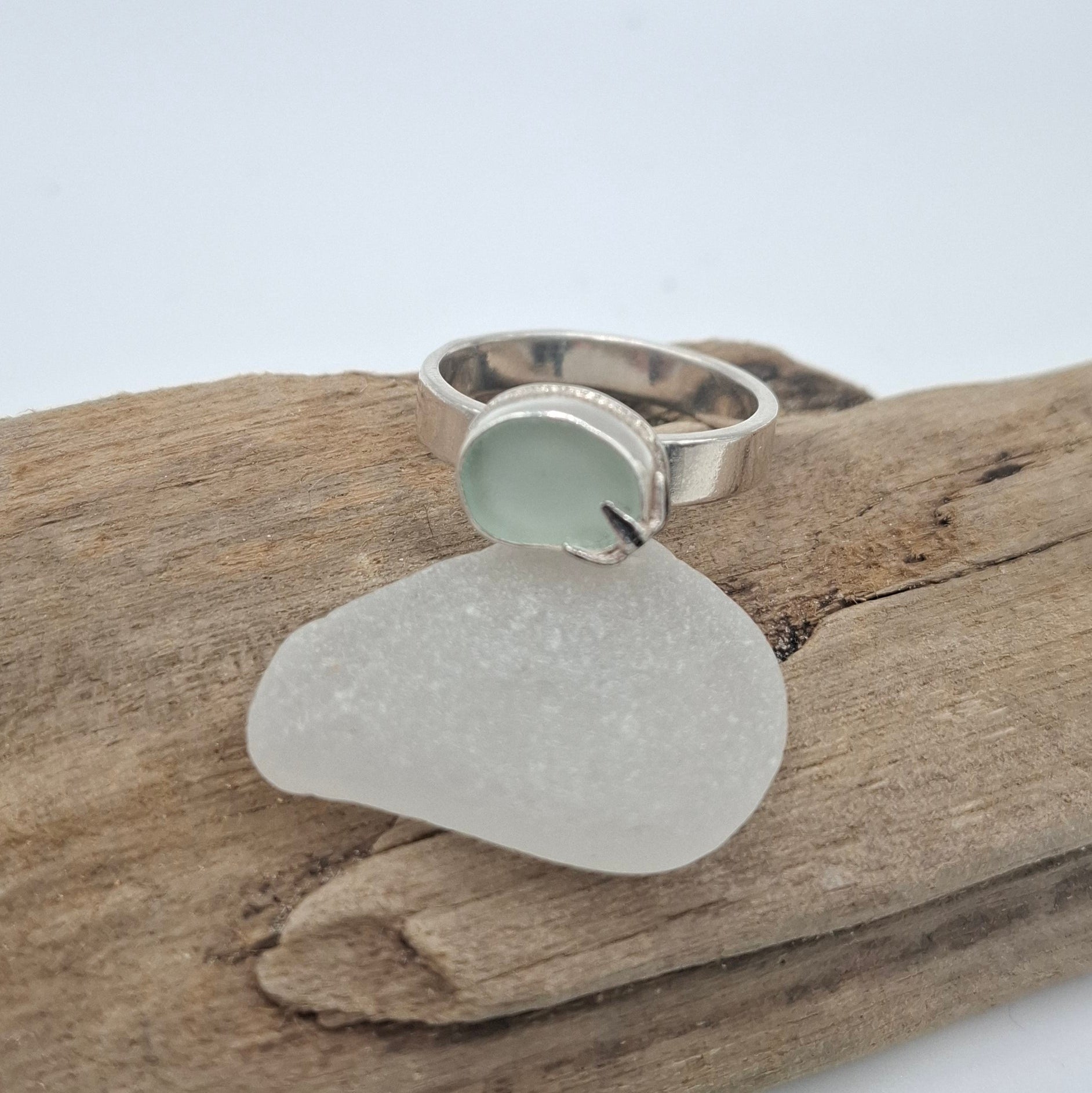 Sterling silver pale blue Welsh seaglass ring with starfish