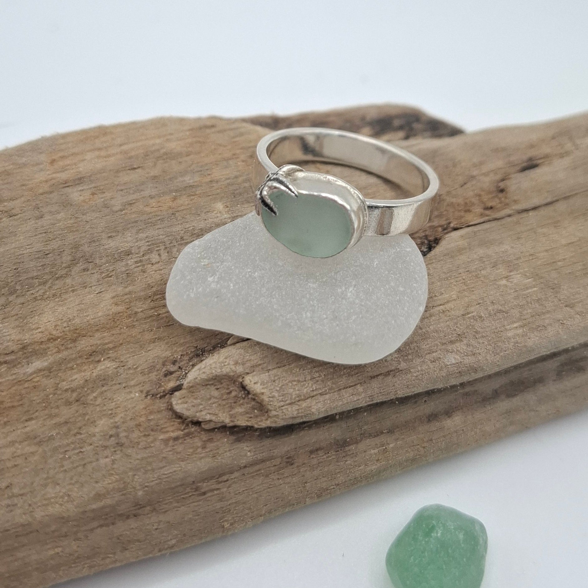 Sterling silver pale blue Welsh seaglass ring with starfish
