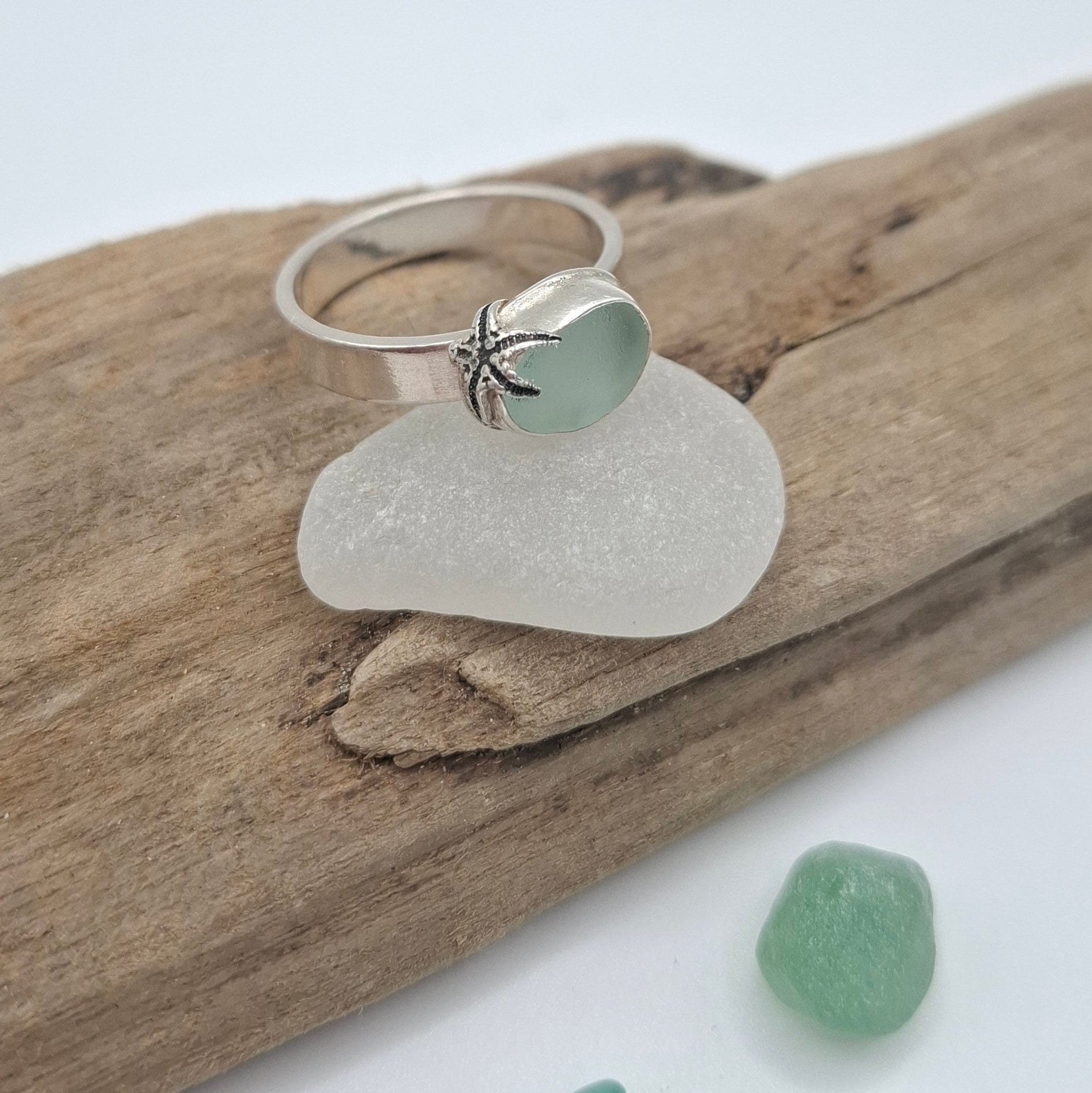 Sterling silver pale blue Welsh seaglass ring with starfish
