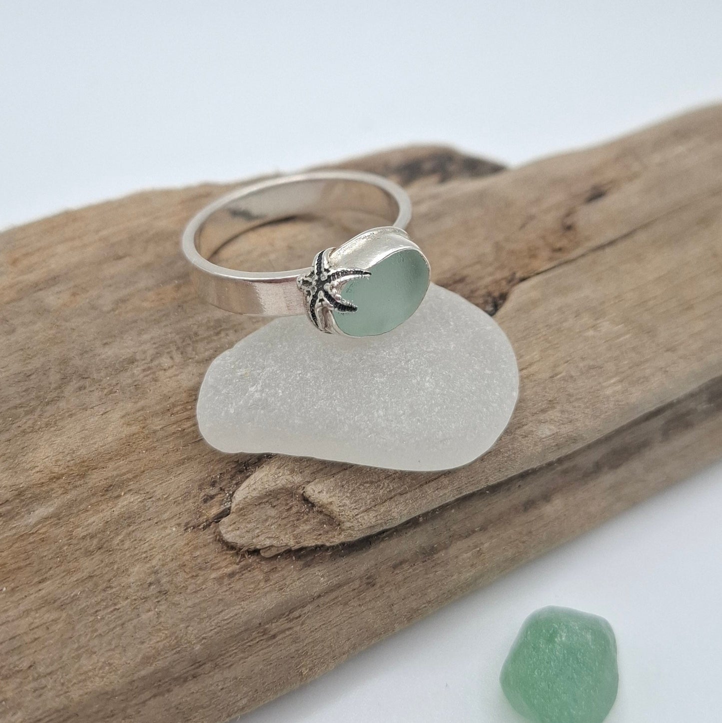 Sterling silver pale blue Welsh seaglass ring with starfish