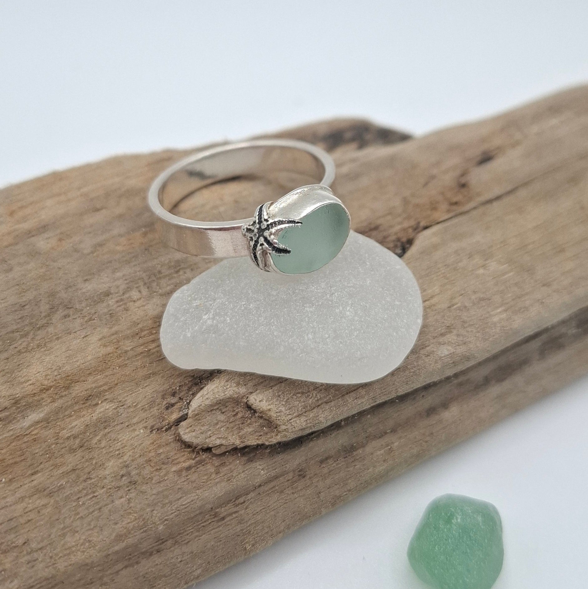 Sterling silver pale blue Welsh seaglass ring with starfish