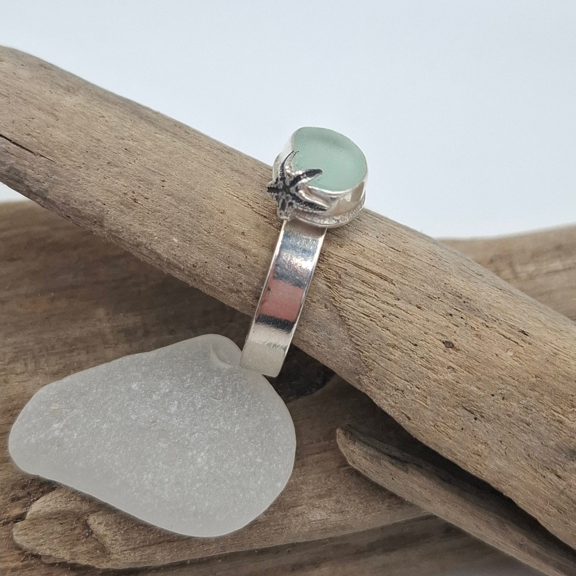 Sterling silver pale blue Welsh seaglass ring with starfish