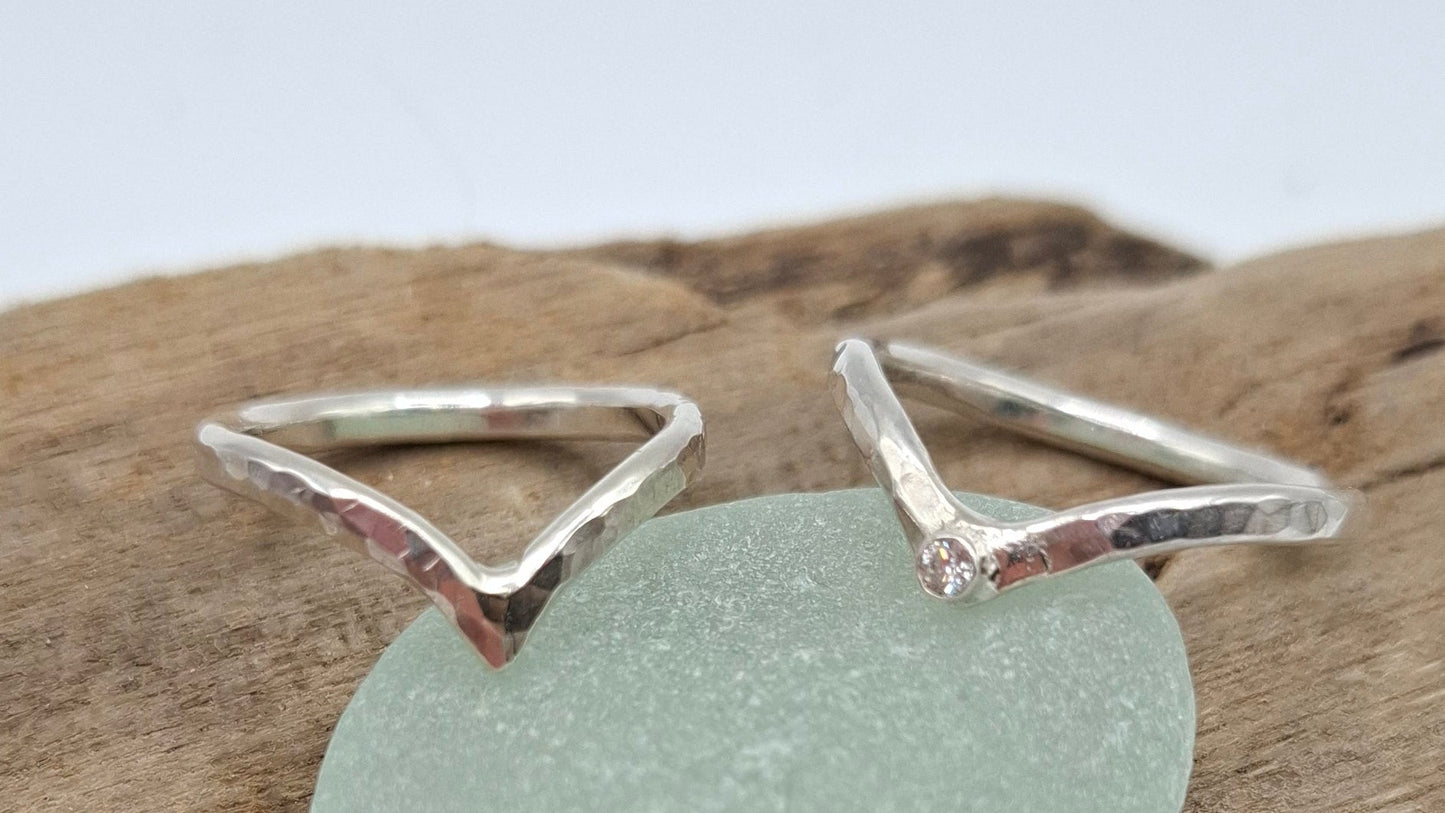 Hammered textured sterling silver wishbone ring 