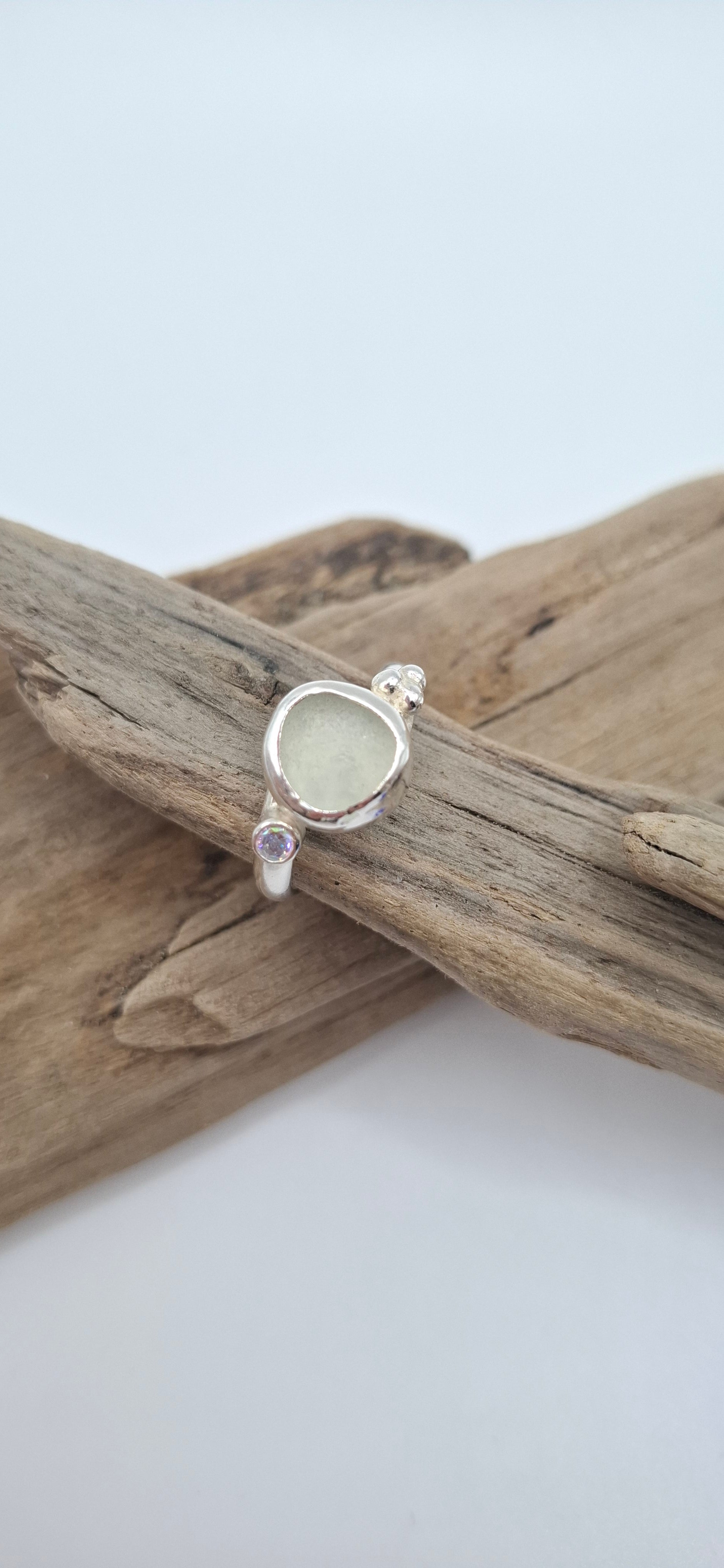 Sterling silver Channel Island white seaglass ring | Ocean-Inspired Handmade Jewellery - Shelley Ide Jewellery