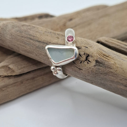 Chunky sterling silver Channel Island pale blue seaglass ring Size P1/2 | Ocean-Inspired Handmade Jewellery