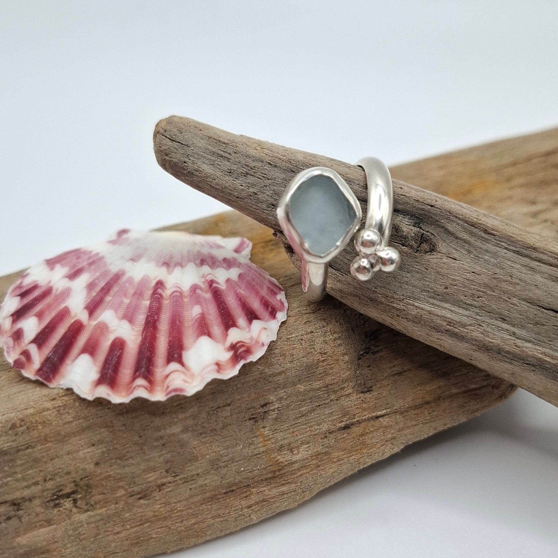 Sterling silver adjustable blue Channel Island seaglass ring | Ocean-Inspired Handmade Jewellery