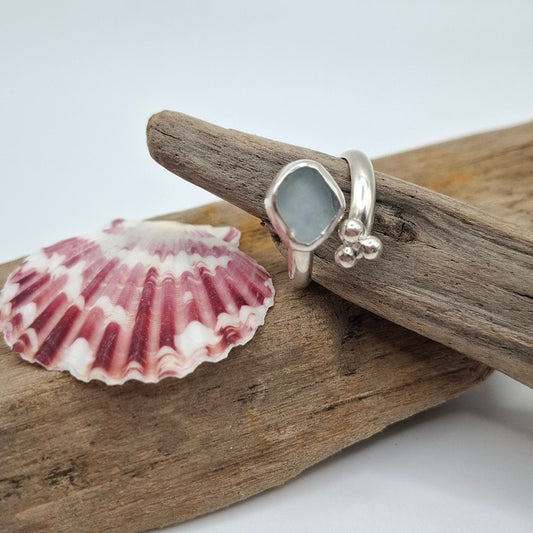 Sterling silver adjustable blue Channel Island seaglass ring | Ocean-Inspired Handmade Jewellery