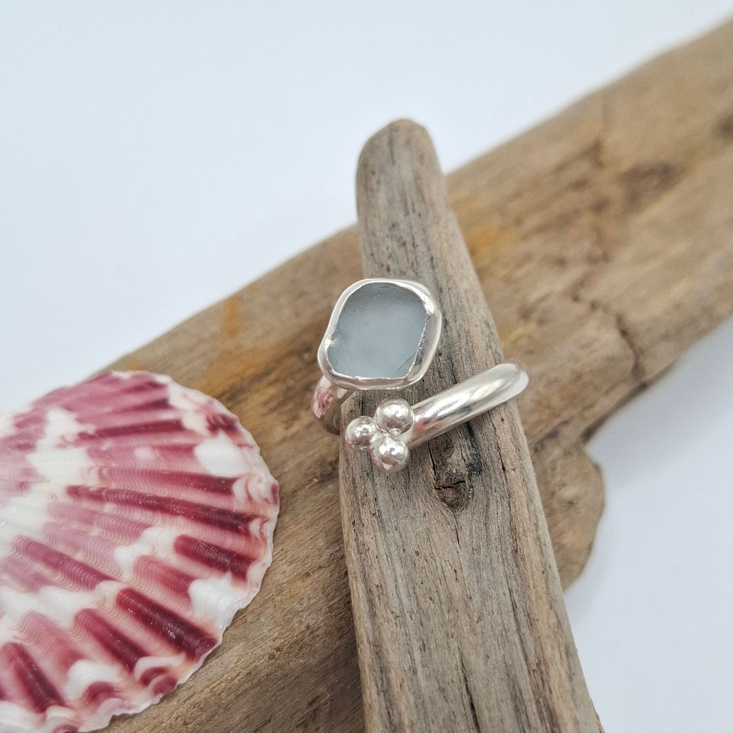 Sterling silver adjustable blue Channel Island seaglass ring | Ocean-Inspired Handmade Jewellery
