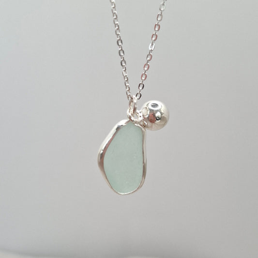 Channel Islands Aqua Blue Seaglass Pendant with Silver Ball Charm | Ocean-Inspired Handmade Jewellery UK - Shelley Ide Jewellery