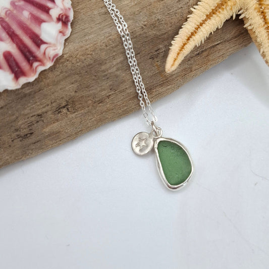 Channel Islands Green Seaglass Pendant with Silver Star Charm | Ocean-Inspired Handmade Jewellery UK - Shelley Ide Jewellery