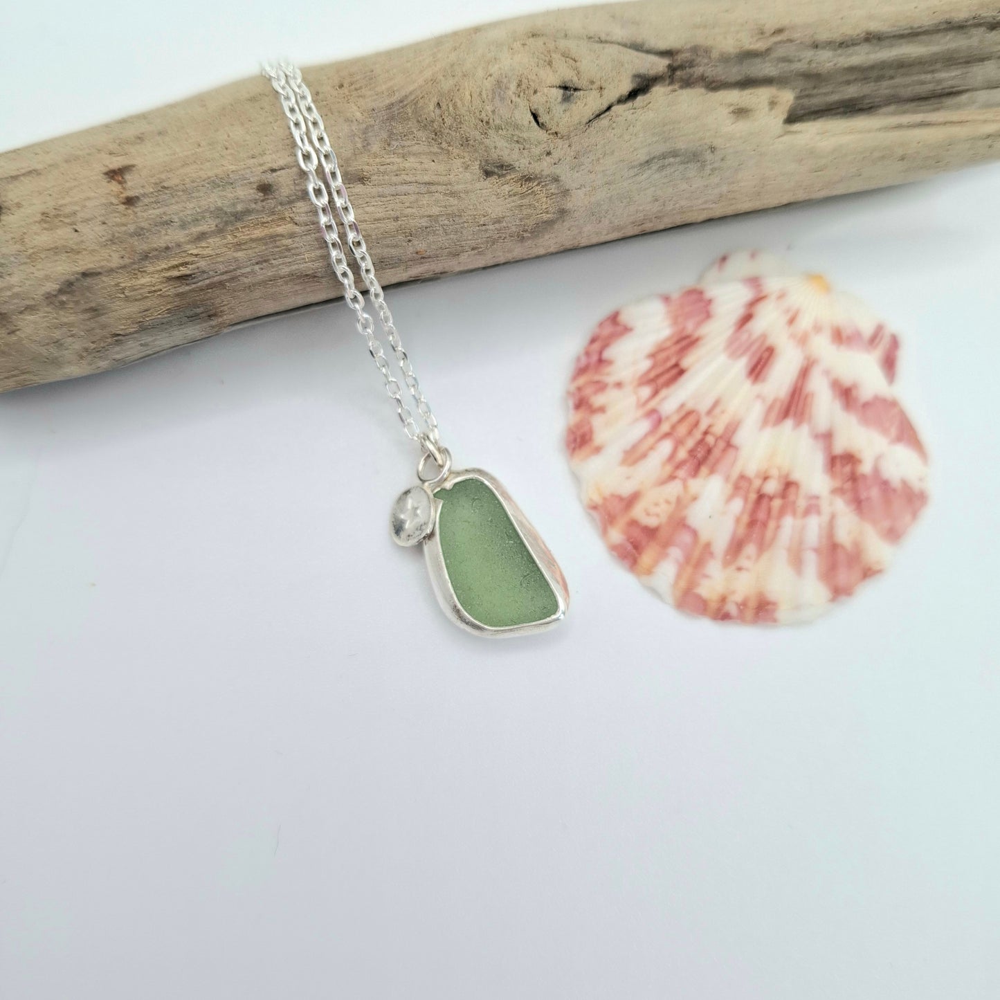 Channel Islands Green Seaglass Pendant with small Silver Star Stamped Charm