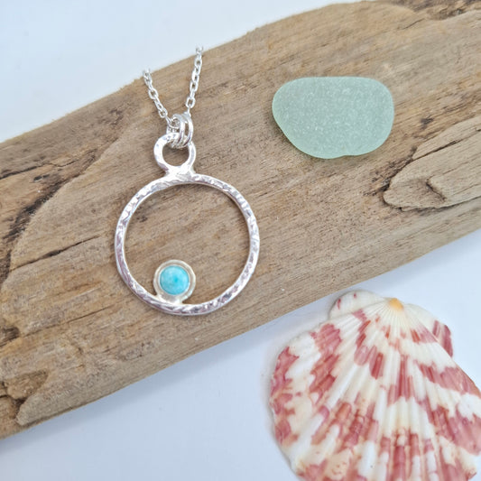 Sterling Silver Turquoise Cabochon Hammered Wire Pendant