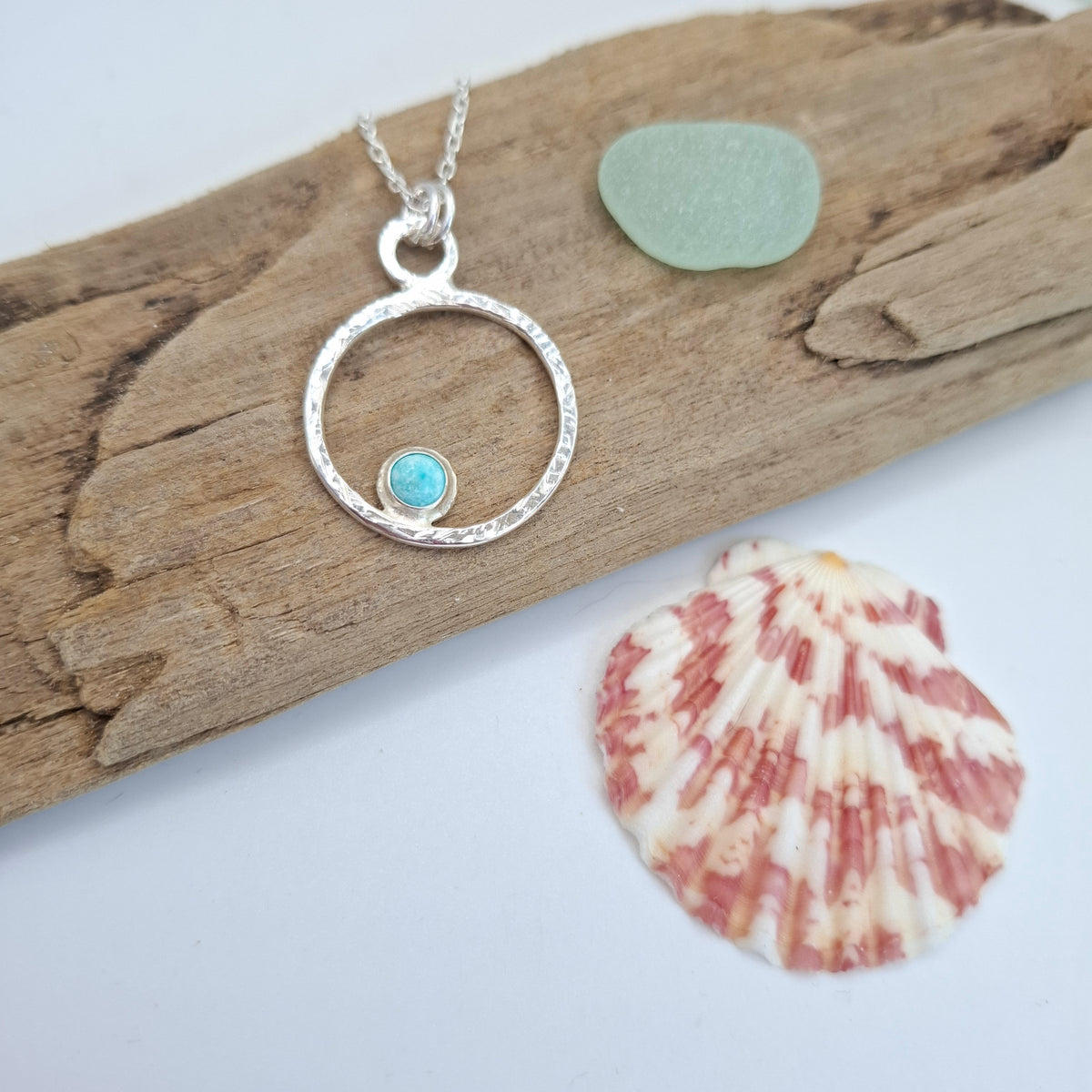 Sterling Silver Turquoise Cabochon Hammered Wire Pendant