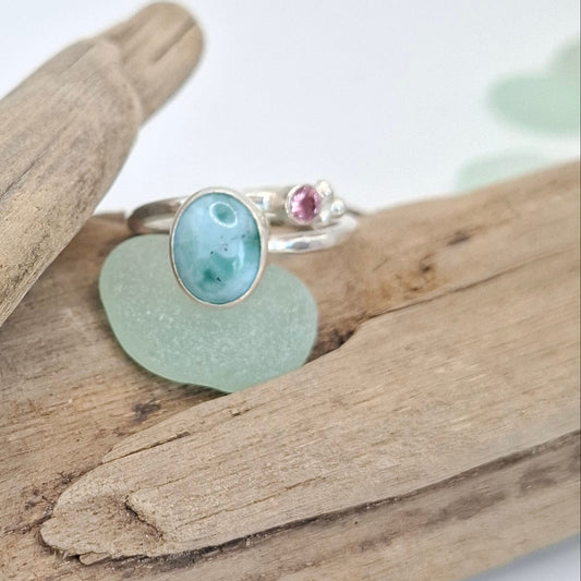 Sterling silver adjustable Larimar and Pink Cubic Zirconia Ring