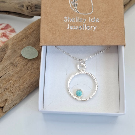 Sterling Silver Turquoise Cabochon Hammered Wire Pendant